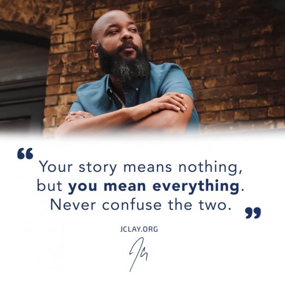 inspirational quote by jclay outside in blue shirt african american beard bald